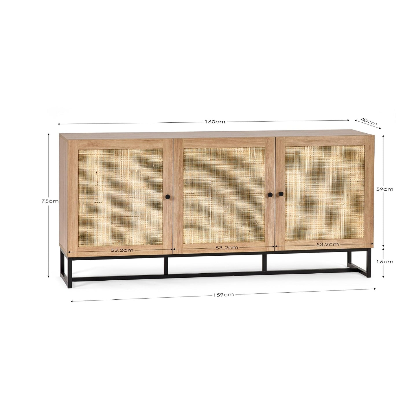 Julian Bowen Padstow Sideboard, Rattan Doors, Oak - H75 x W160 x D40cm