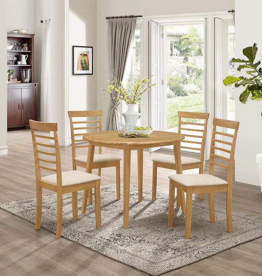 Hallowood Furniture Ledbury Small Dining Table and Chairs Set 4, Round Wooden Drop Leaf Table and Cream Fabric Padded Seat Chairs, Dining Room Set for