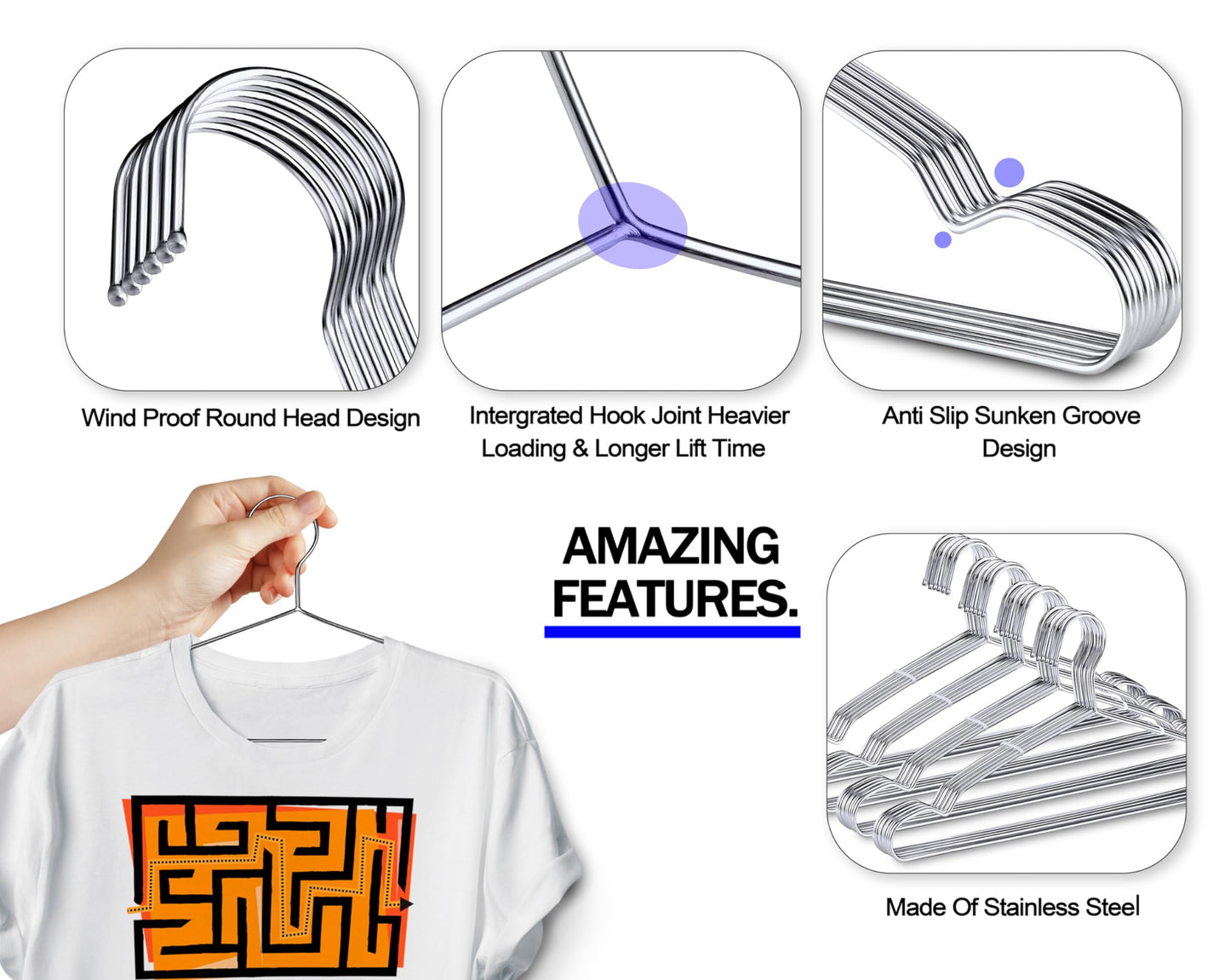 GVTECH Metal Stainless Steel Hanger, [50 Pack] Solid Hanger 42 CM Heavy Duty Lightweight Sturdy and Durable for Standard Jacket Pants Space Saving