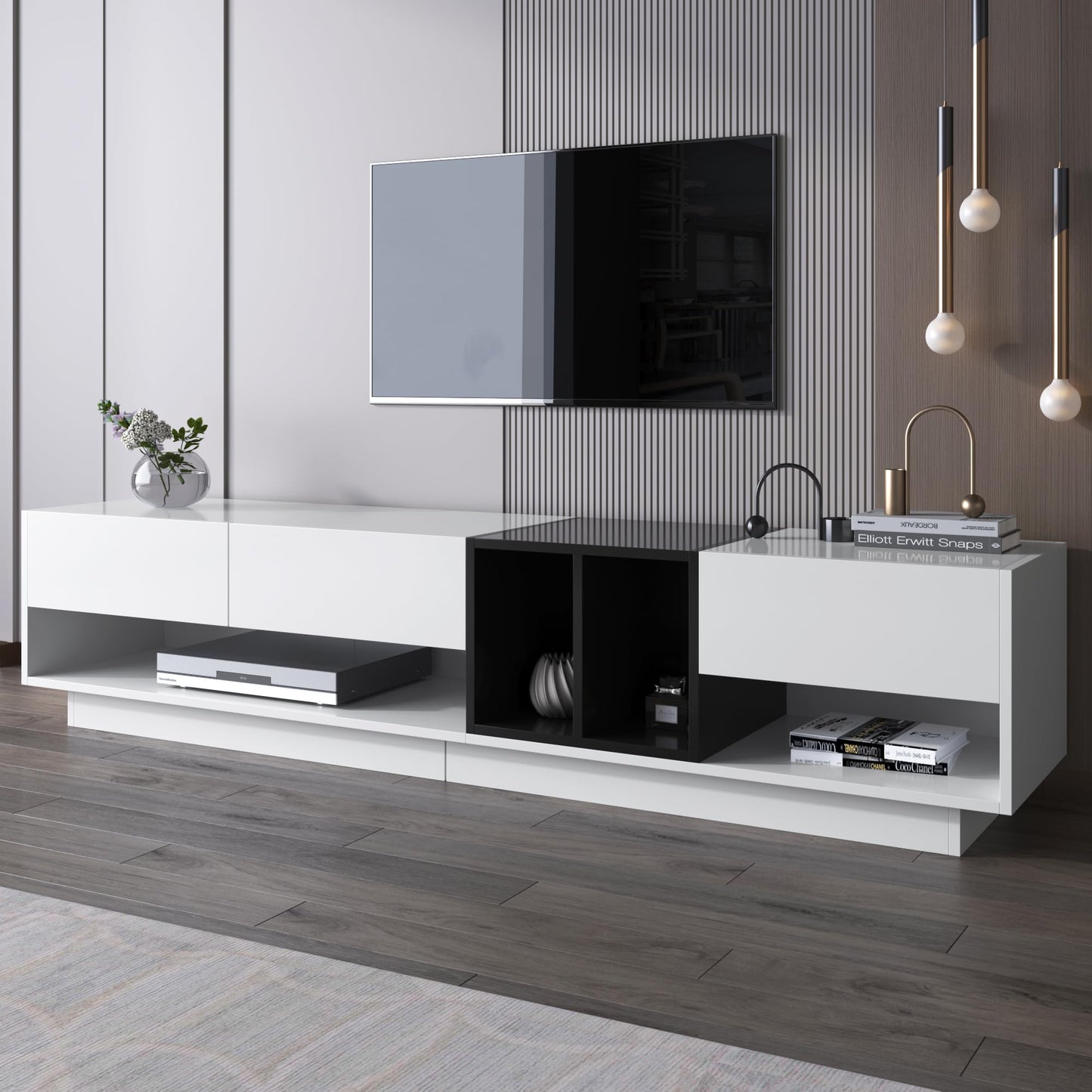 Ball & Cast High Gloss TV Stand Cabinet, TV Stand with Drawers and Compartments, White and Black TV Cabinet,190x40x34cm