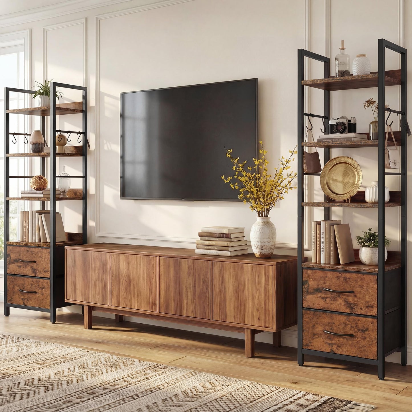 YITAHOME Industrial Bookshelf, 4-Tier Bookcase with Adjustable Shelves & 2 Fabric Drawers