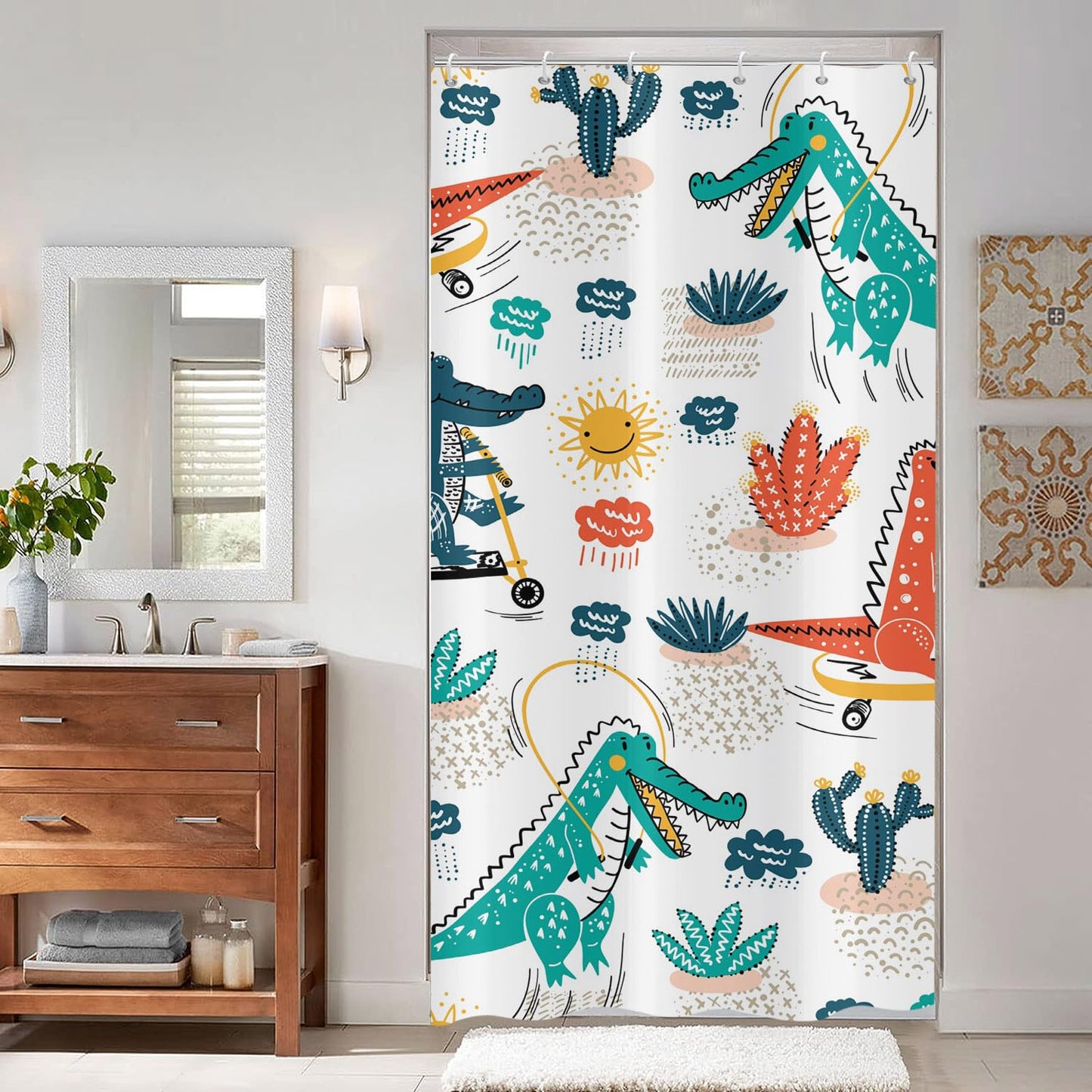 ASDCXZ Kids Shower Curtain 90x180 cm, Cute Cartoon Crocodile Cactus Sun Cloud Bath Washable Narrow Shower Curtains with eyelets Polyester Textile