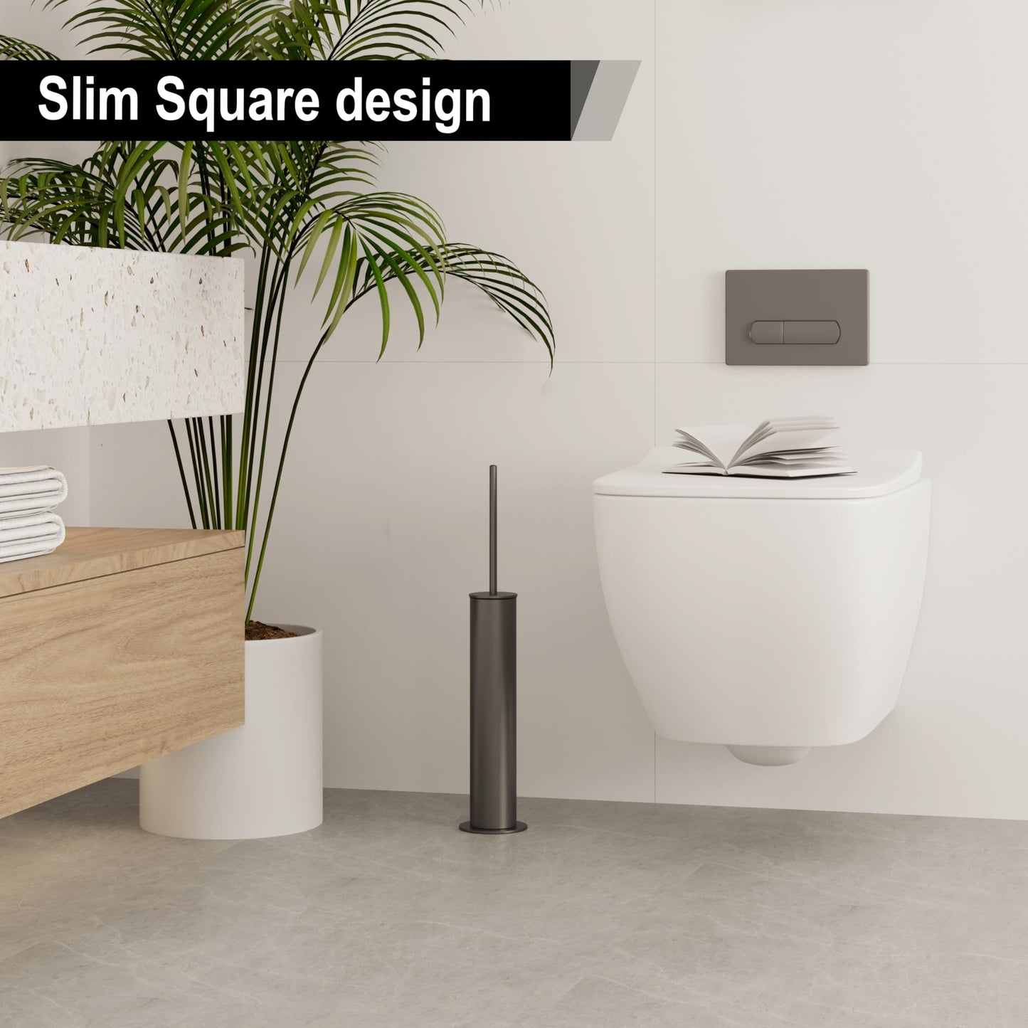 BVL Toilet Brush, Grey, Metal Toilet Brush Including 2 Brush Heads, Slim Design Toilet Brush Round for the Bathroom