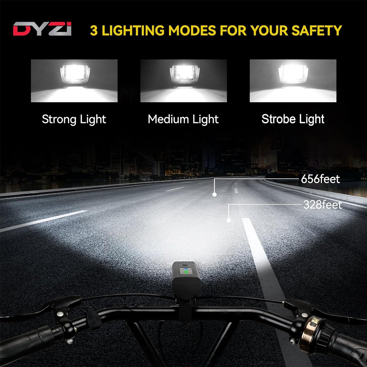 Dyzi Bike Lights - USB Rechargeable Ultra Bright Front & Back Bike Light Sets - 4 Light Modes With Daylight Sensor - Easy to Fit and Mount LED Bicycle Lights
