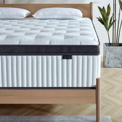 Tegeniss Double Mattress 25cm with Memory Foam & Pocketing Spring |In a Box,Medium Firm, Breathable Cover,Motion Isolation,Edge Support,White