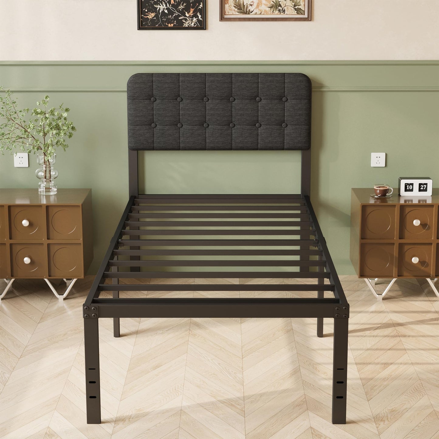 Lutown-Teen Single Bed Frame with Black Upholstered Headboard