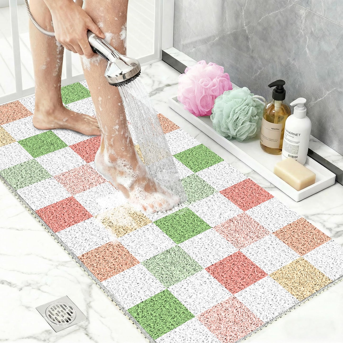 BLESWIN Shower Mat Non Slip 40x80CM, Checkered Shower Quick Dry Mats with Drain, Large Quick Dry PVC Bath Mat for Inside Shower