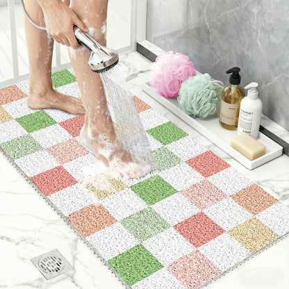 BLESWIN Shower Mat Non Slip 40x80CM, Checkered Shower Quick Dry Mats with Drain, Large Quick Dry PVC Bath Mat for Inside Shower