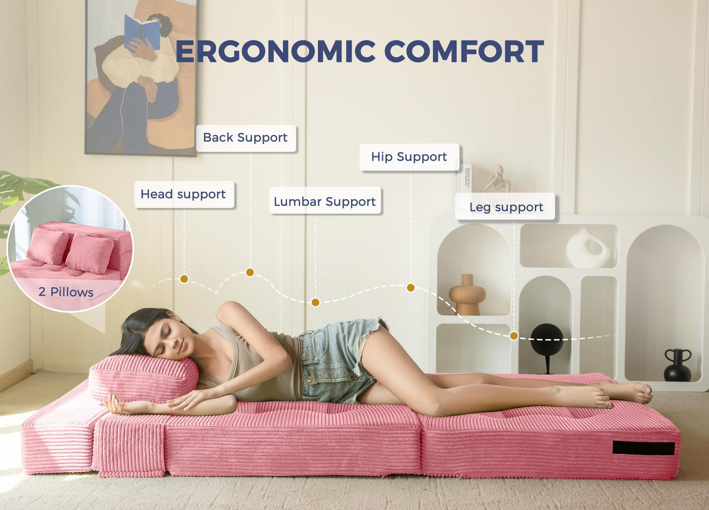 MAXYOYO Folding Foam Sofa Bed, Tri-Fold Mattress with 2 Pillows, Convertible Sofa Chair Futon Z Bed with 15cm Thincken Foam