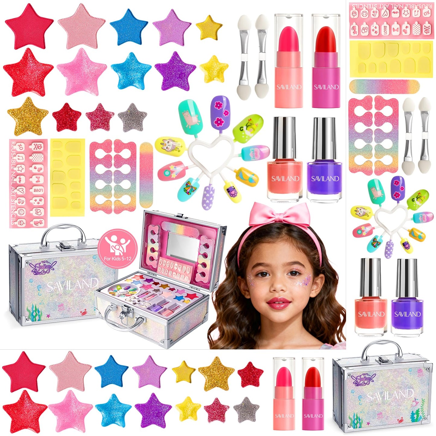 SAVILAND Kids Makeup Sets For Girls: Toxic-Free Washable Kids Make up Sets For Girls 5-12 Portable Real Childrens Makeup Set with Eyeshadow Lip Gloss