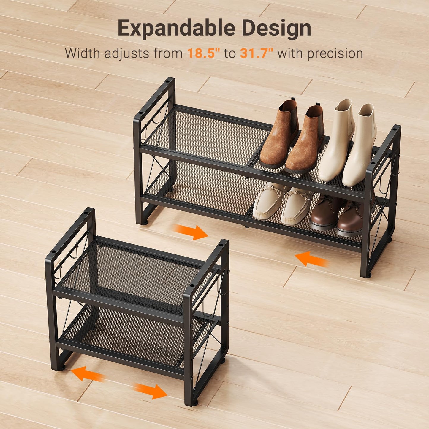 ELYKEN Expandable Shoe Rack 2 Tier, Stackable and Adjustable Height Black