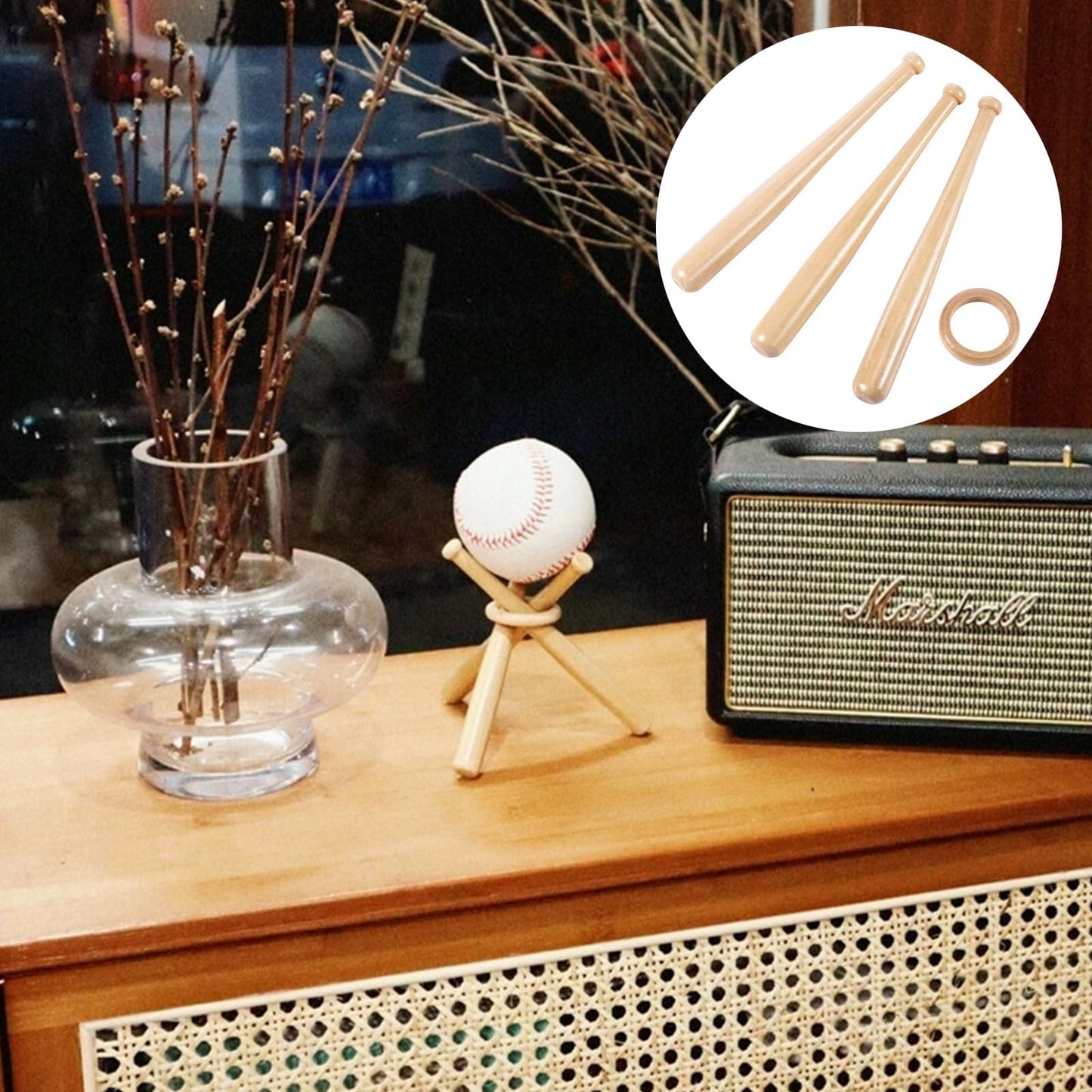 DCYQAIN Wooden Baseball Display Stand, Creative 3-Bat Design Ball Holder for Autographed Baseball Golf Ball