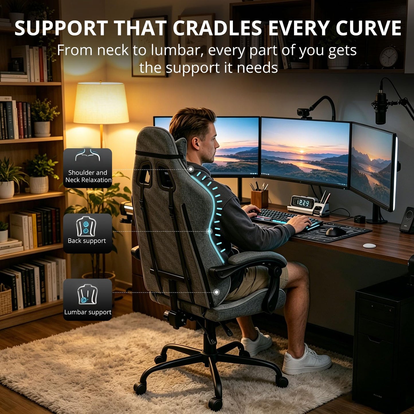 WUPY Ergonomic Gaming Chair, 135° Recline Fabric Office Chair, Black Grey