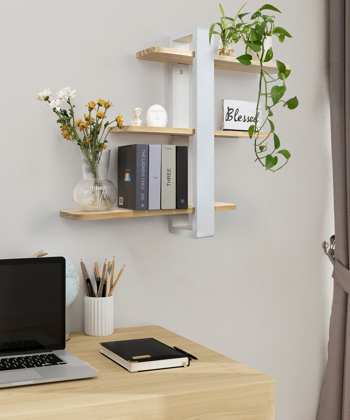 SUMGAR Floating Shelves White for Wall Mounted Shelving Unit All Pine Wood 50CM 3 Tier Large Shelf for Bedroom Living Room Office Bathroom Home