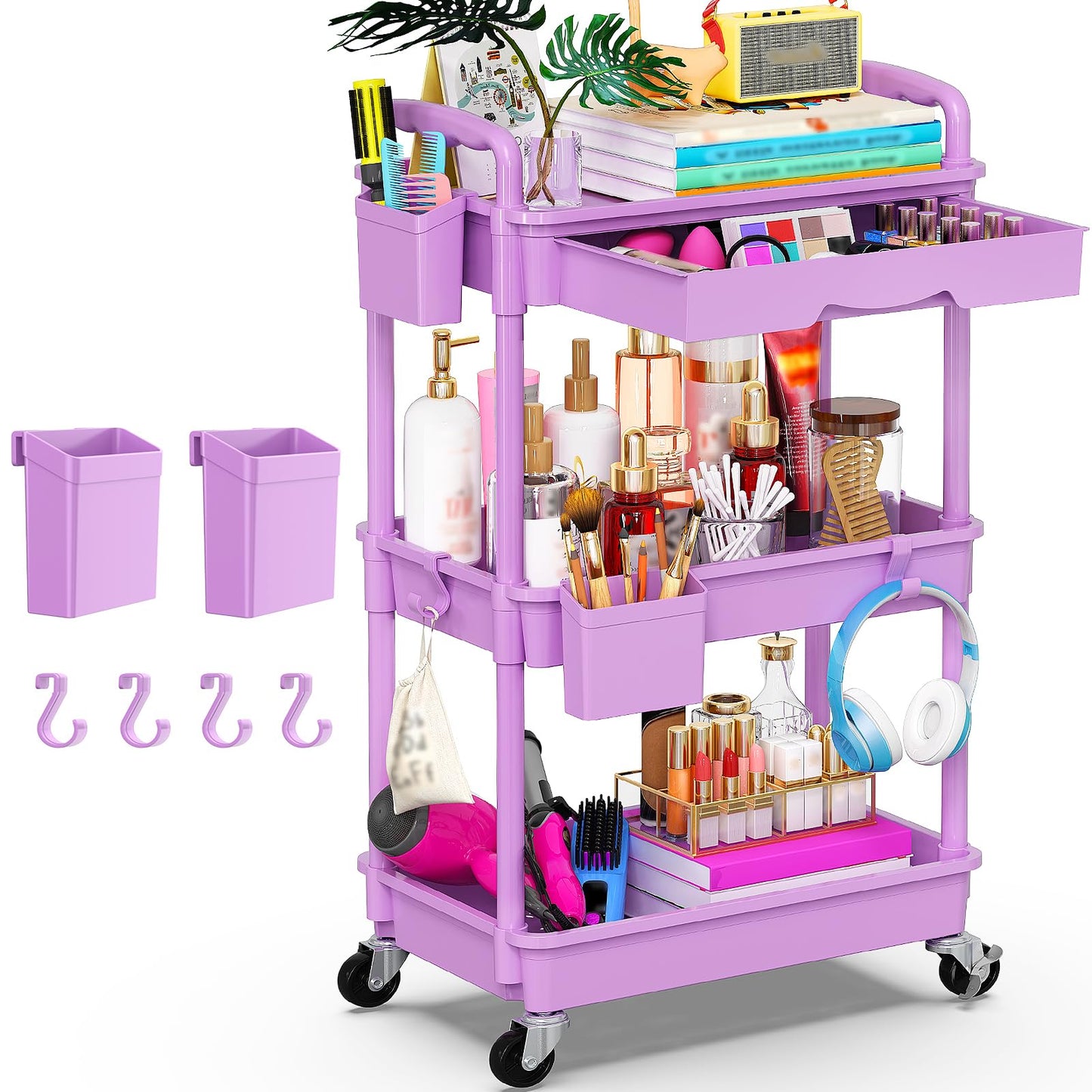 Yeabett 3 Tier Storage Trolley with Drawer, Utility Cart with Plastic Shelf & Lockable Wheels Multifunctional Storage Cart for Kitchen, Bathroom