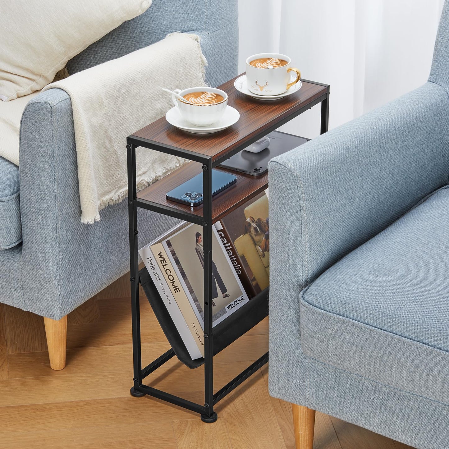 ZEXVIDA Small End Table for Small Spaces - Slim Side Table with Magazine Holder,2 in 1 Design Narrow End Table Living Room,Skinny Bedroom Nightstand