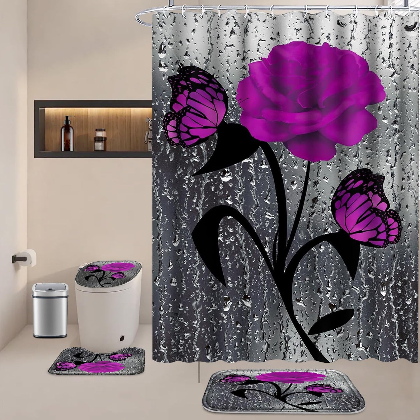 BXFUL 4 Piece Waterproof Shower Curtain Set for Bathroom-Rose-Non-Slip Bath Mat and 12 Hooks,Curtain Set with Rug,Toilet Lid Cover Bathroom