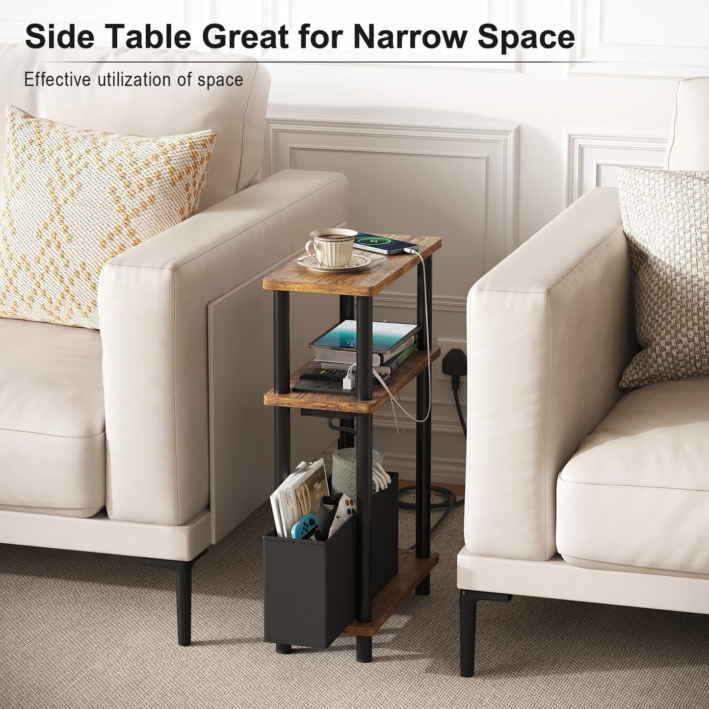 APICIZON Narrow Side Table, 3 Tier Bed Side Table, Slim End Table with Charging Station, for Living Room, Bedroom