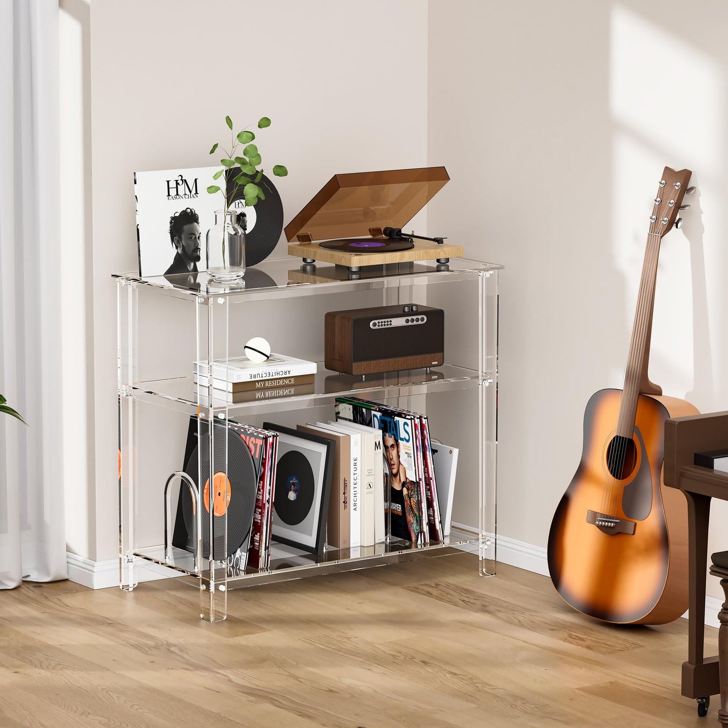 solaround Clear Acrylic Record Player Stand, with Vinyl Records Storage