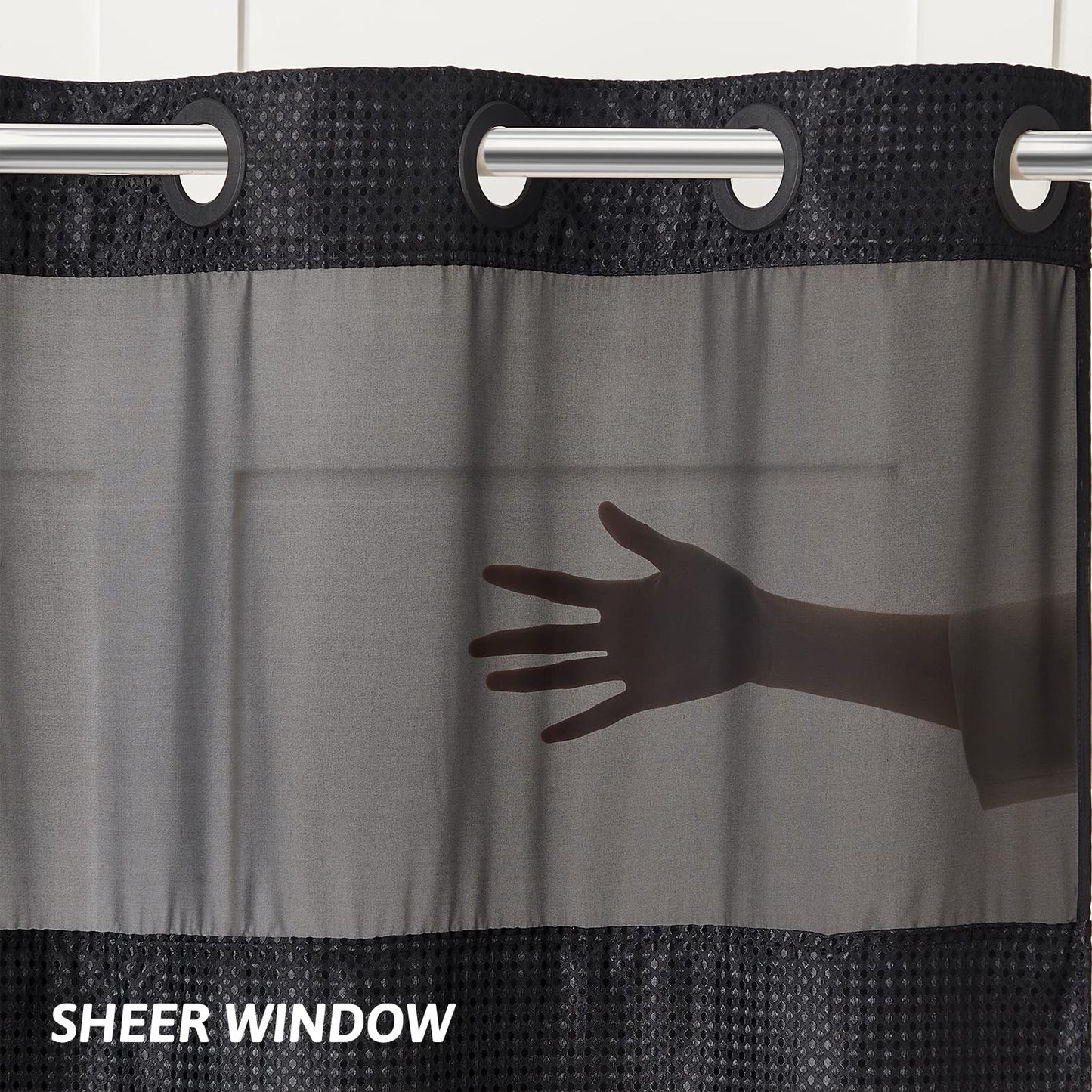 Furlinic Shower Curtain Hookless Black Jacquard Waffle Fabric 75inch Long Weighted Anti Mould with White Polyester Snap in Liner and Mesh Curtains