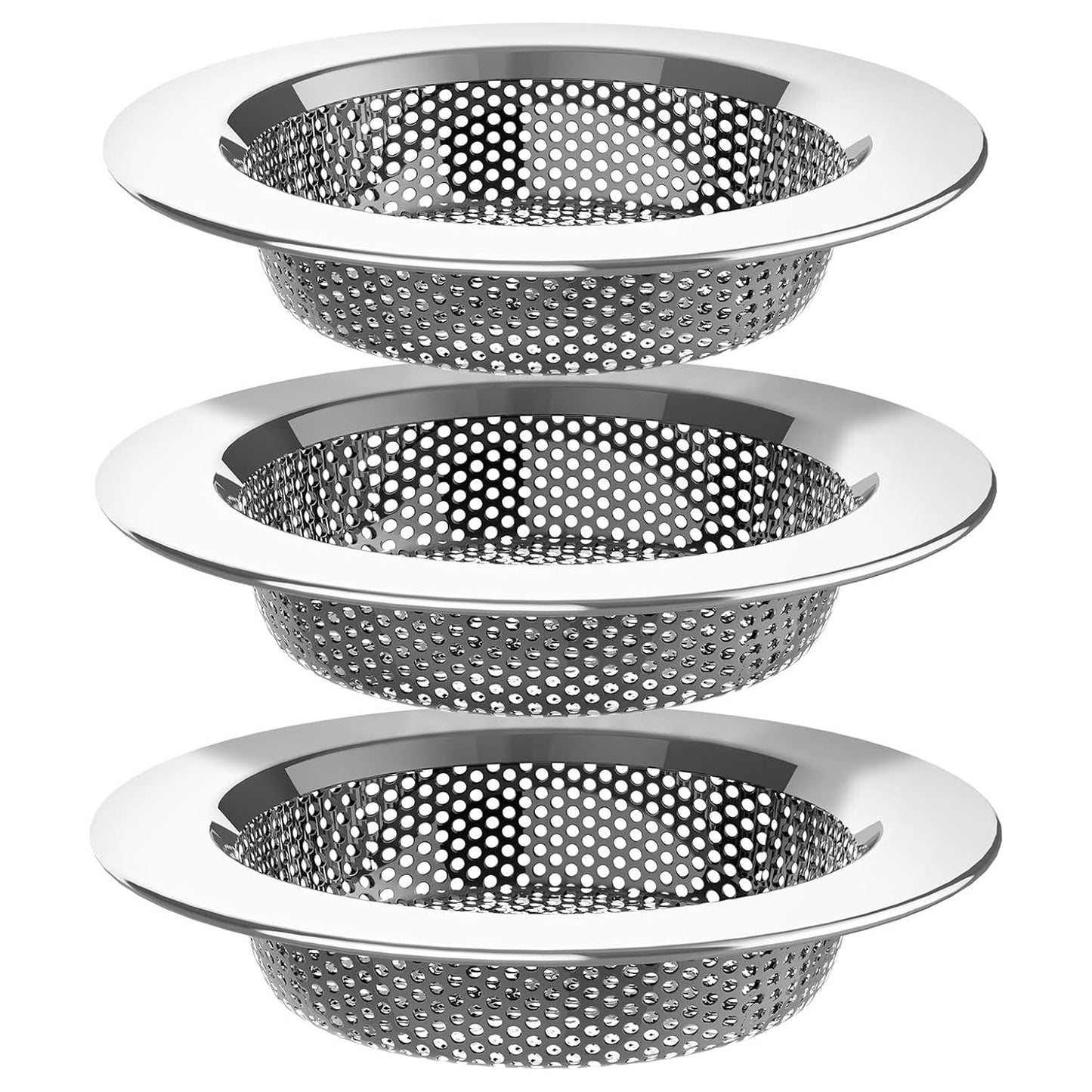 3-Pack Multi-Purpose Drain Strainers - Premium Stainless Steel Mesh Filters for Kitchen/Bathroom Sinks & Bathtubs, Rust-Proof Hair Catchers (Silver)
