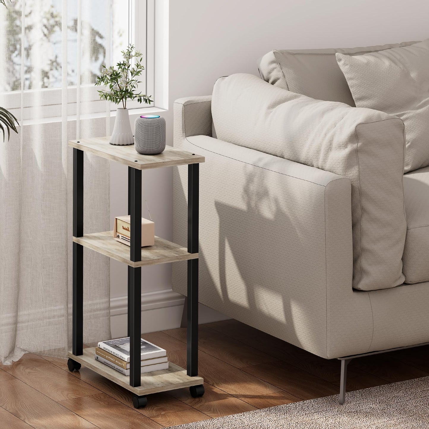 TUTOTAK Small Side Table, Narrow End Table, Bedside Table, Set of 2, Couch Side Table with Wheels for Living Room or Bedroom, Greige TB01BG0612EU
