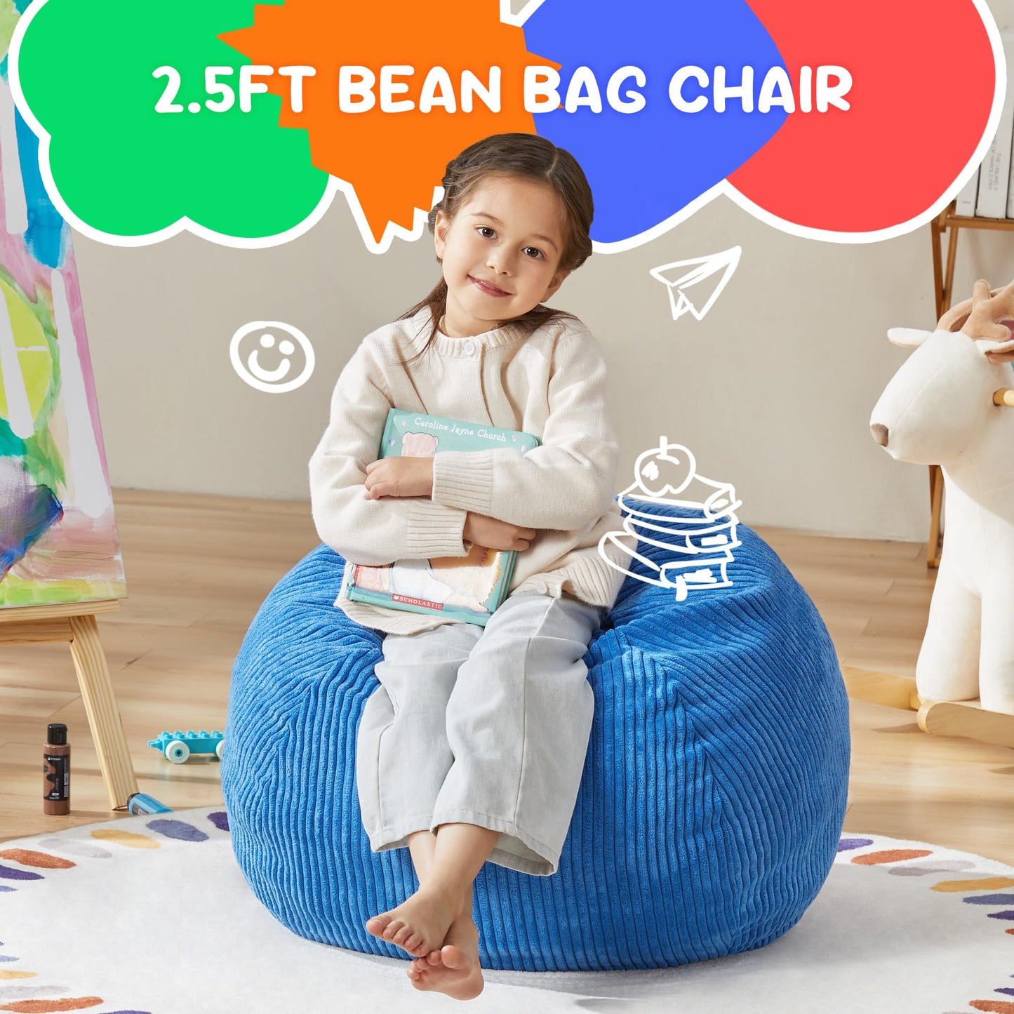 Hobestluk Kids Bean Bag Chair Teardrop Shape with Filling, 2.5FT Blue