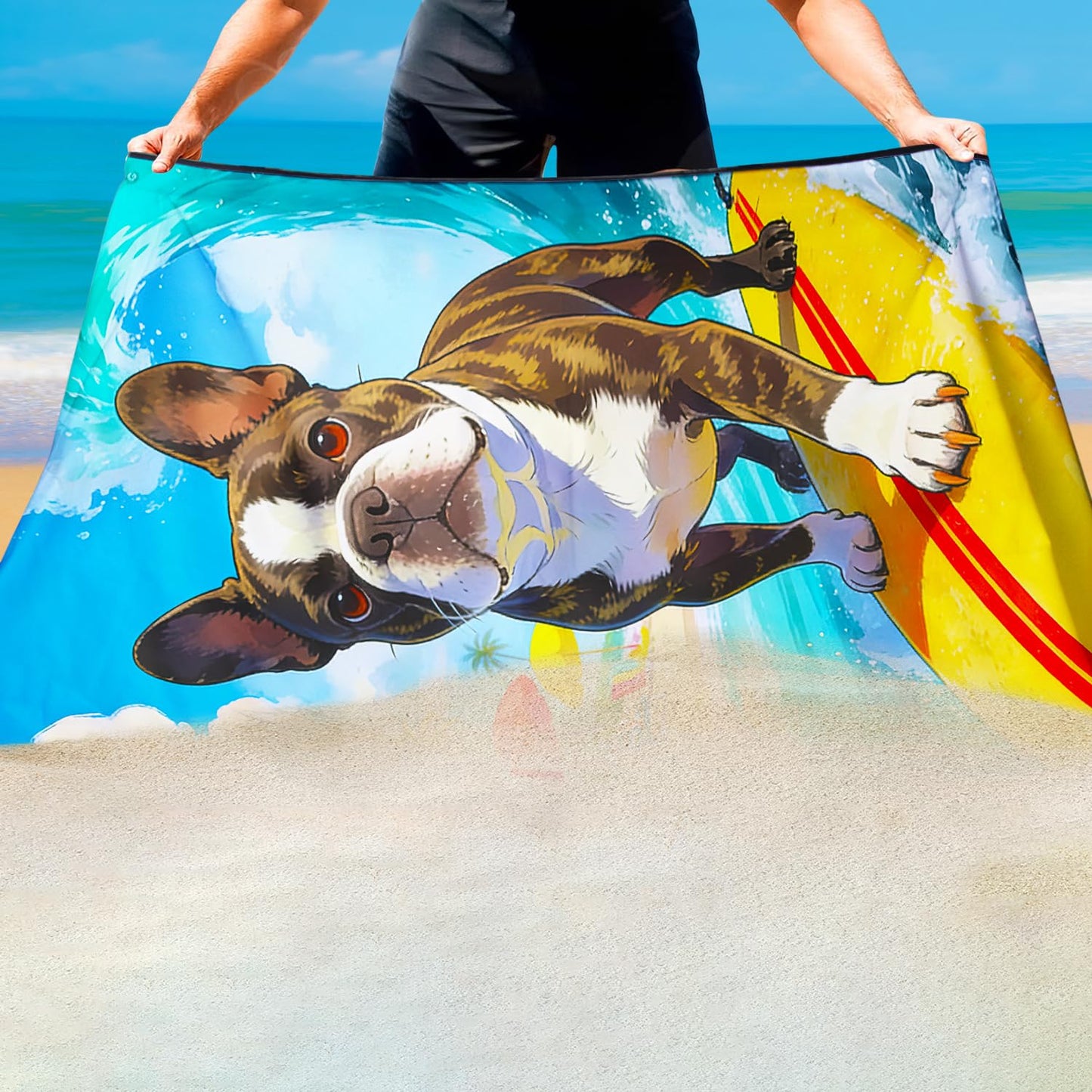 Violetpos Surfing French Bulldog Beach Towel, Extra Large 180x90 cm 250GSM Microfibre, Sand Free Quick Dry