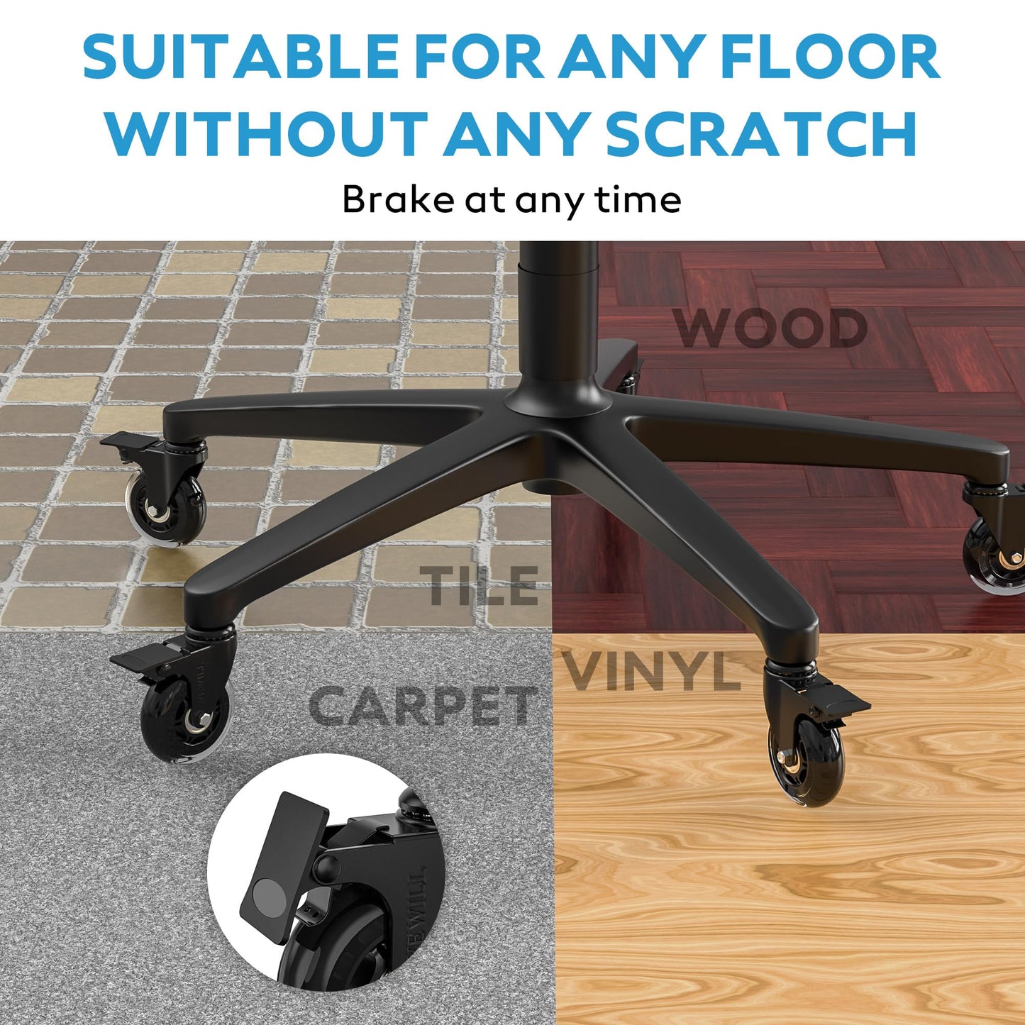 5 x Office Chair Castors with Lock, Office Chair Replacement Castors for Carpet and Parquet, Wear-resistant Heavy Duty Office Chair Castors