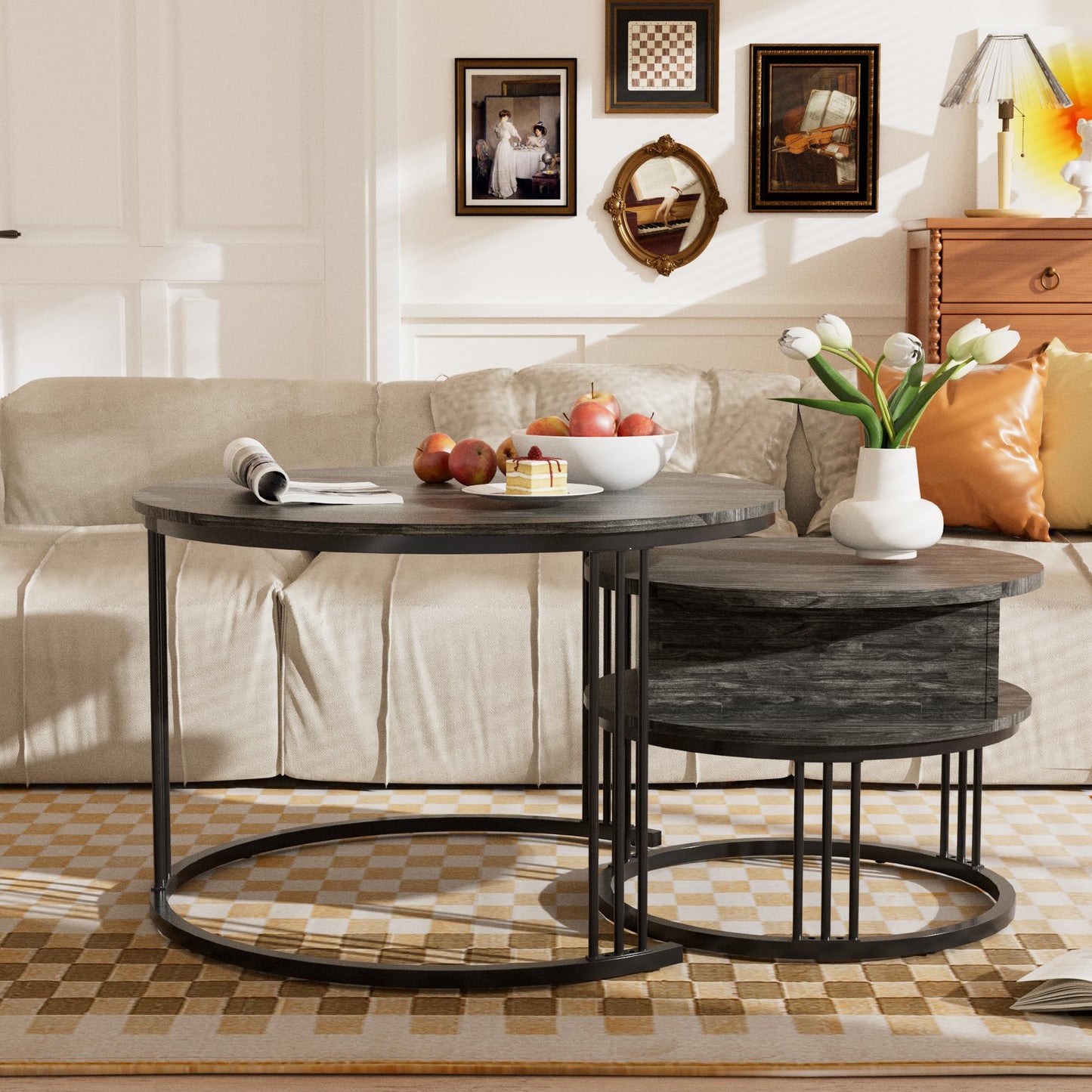PURFINO Round Coffee Table - 70cm/50cm Nesting Tables Set of 2, Hydraulic Lift-Top with Hidden Storage, Centre Table for Living Room, Small Space