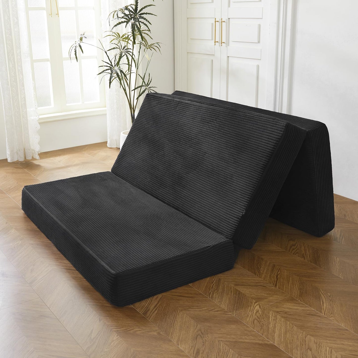 MAXYOYO Folding Corduroy Mattress, Tri Fold Floor Mattress 15cm thick with Washable Cover,Foldable in Three,Space-Saving for Guest (Black, Single)