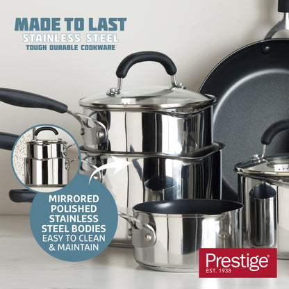 Prestige Made To Last Stainless Steel Saucepan with Lid 20cm - Large saucepan with Straining Lid, Measurement Guide & Easy Grip Silicone Handles,