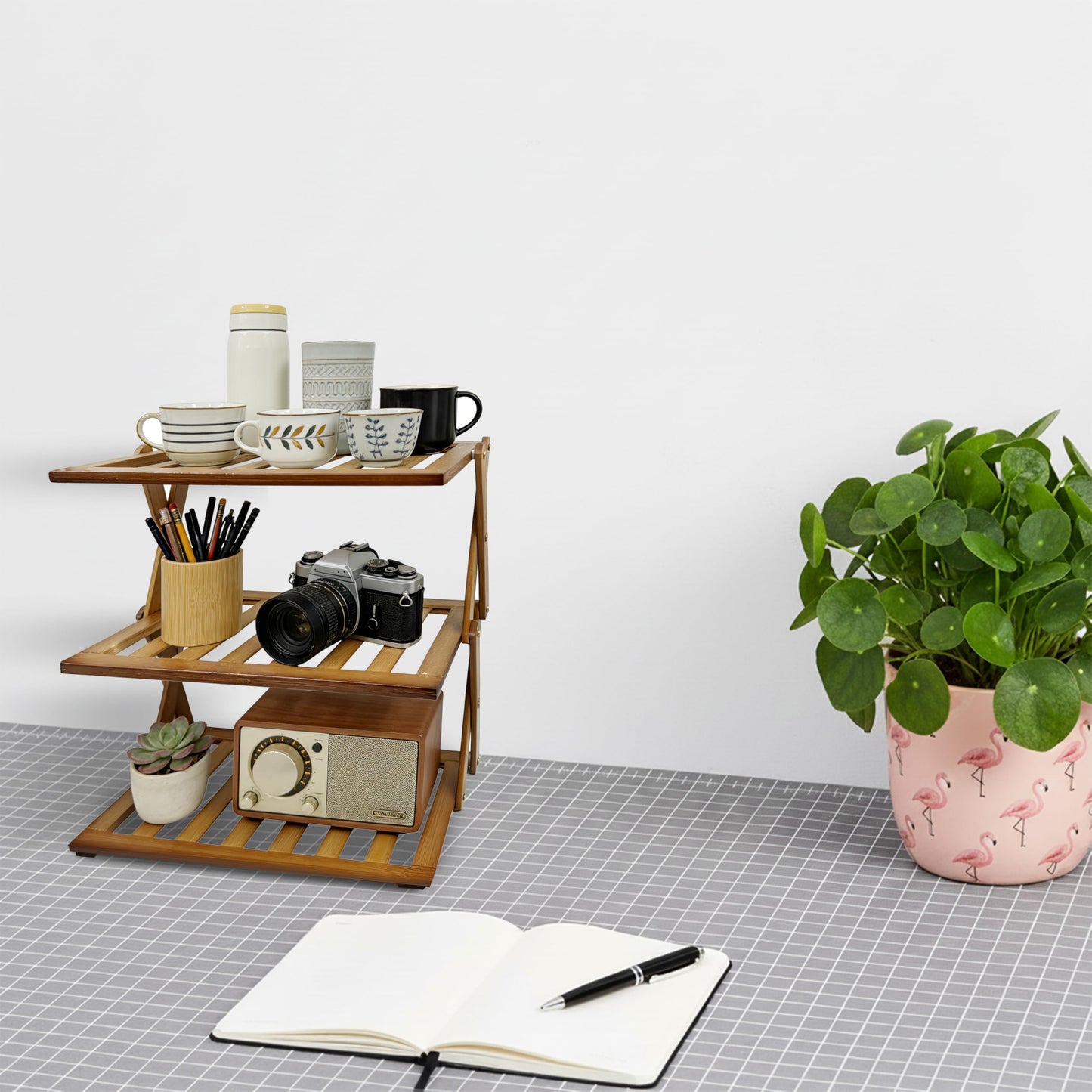 FloraVigo Office desk shelf, three-tier wooden desktop bookshelf, storage rack, suitable for office desks, bedrooms, kitchens