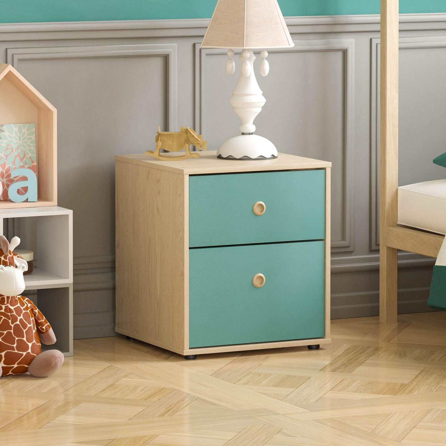 Junior Vida Neptune 2 Drawer Bedside Table Cabinet Chest of Drawers Bedroom Storage Children's Kids Furniture (Blue & Oak)