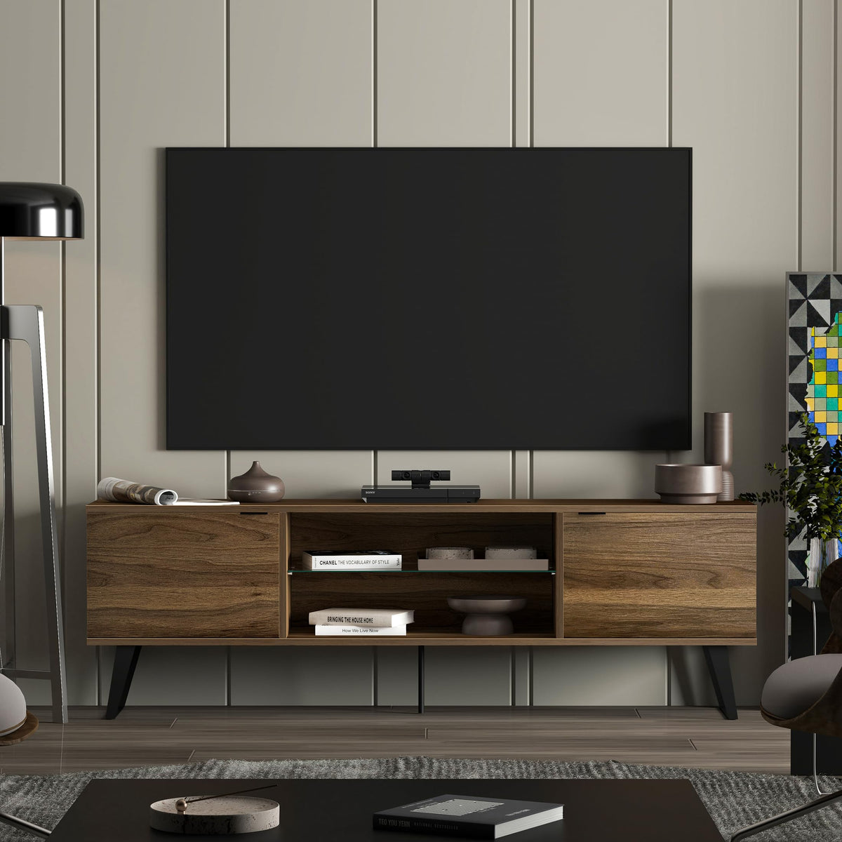 Uniqtrio TV Stand Cabinet | Walnut TV Unit with Glass Shelf | TV Cabinet | TV Stand Unit | TV Units for Living Room | TV Table |Soft Closing Hinges