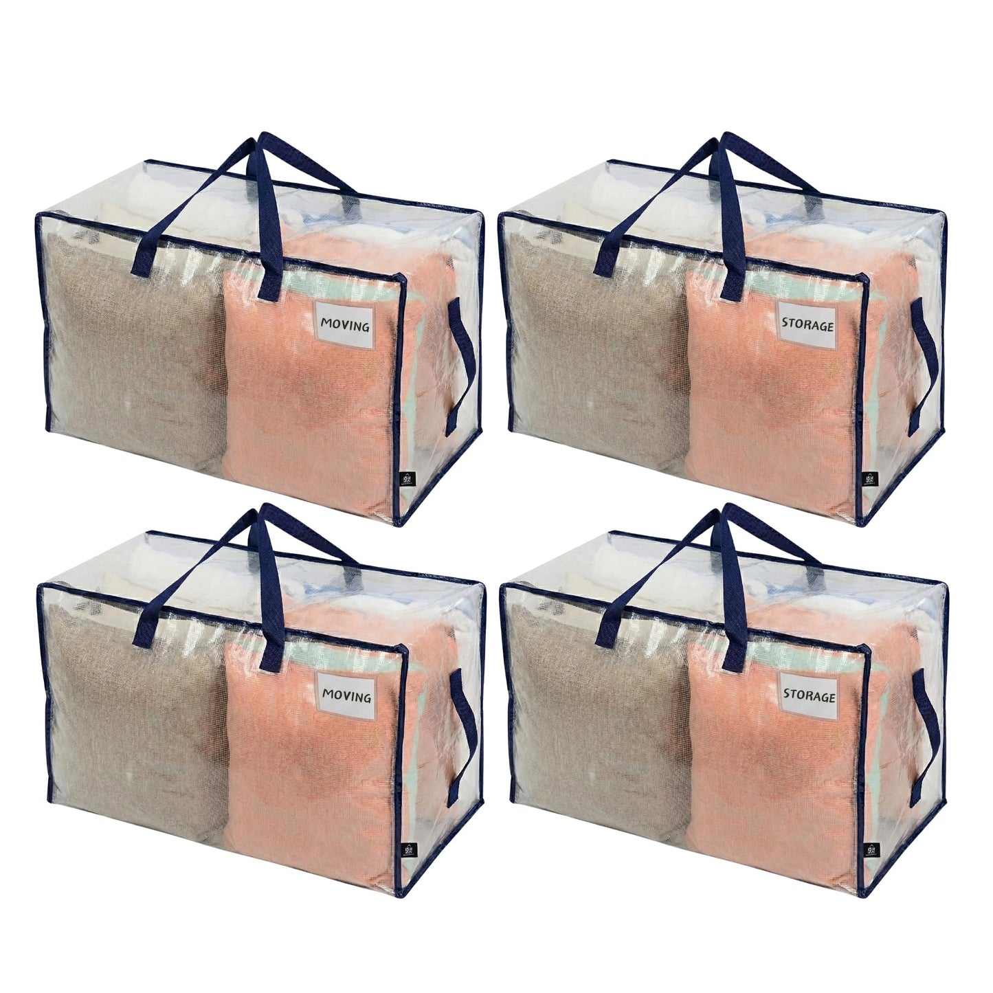 VENO 4 Pack Clear Extra Large Moving Bags & Storage Totes, Heavy Duty Organizer with Reinforced Handles & Strong Zippers for Clothes