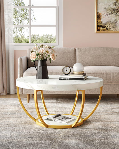LITTLE TREE Round Coffee Table, 32" Circle Faux Marble Coffee Tables for Living Room