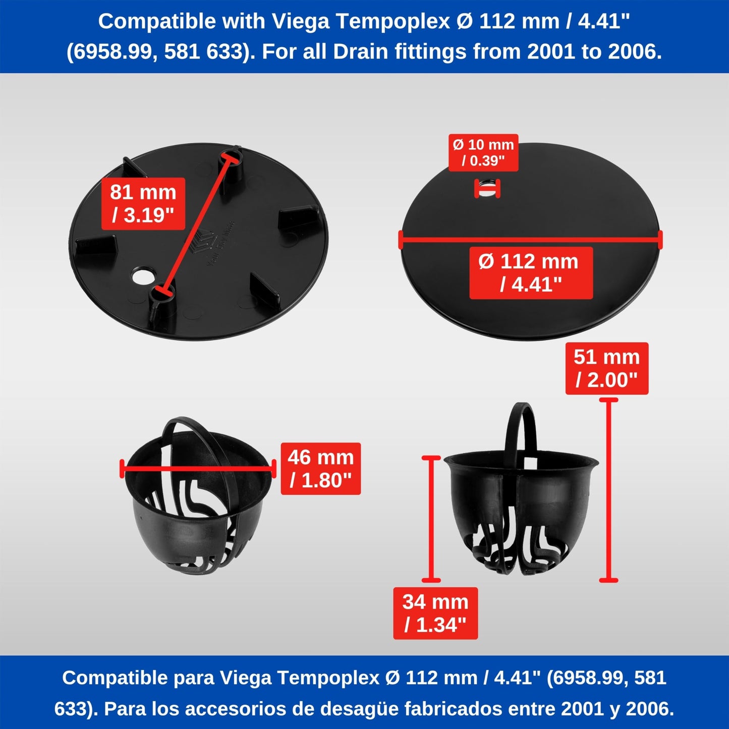 Cover Set with Hair Strainer for Shower Drain, Ø 112 mm, Compatible with Viega Tempoplex Drain Year 2001-2006, Black ABS ASA Cover, Hair Filter