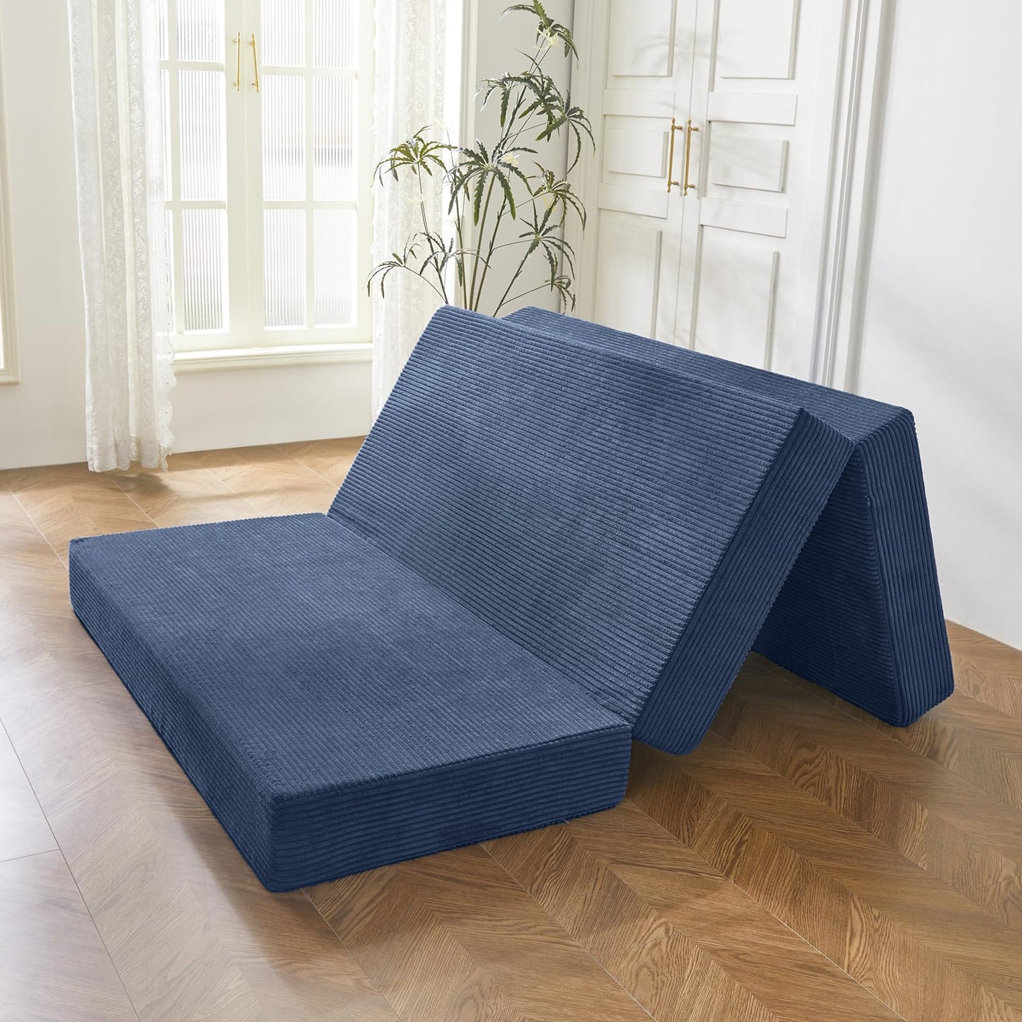 MAXYOYO Folding Corduroy Mattress, Tri Fold Floor Mattress 10cm thick with Washable Cover,Foldable in Three,Space-Saving for Guest (Bluestone, Double)