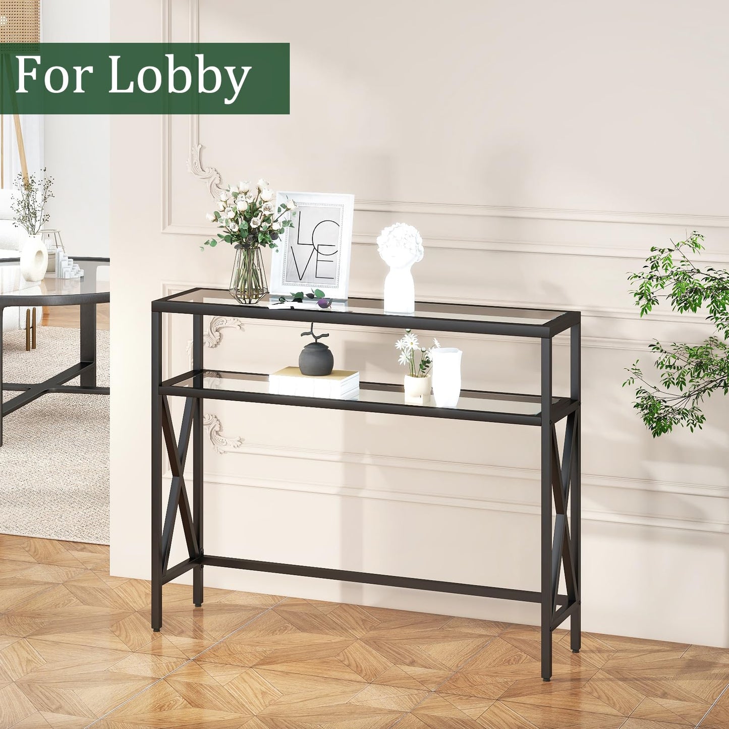 YMYNY Console Table, Tempered Glass Sofa Table, Industrial Entryway for Hallway, Narrow With Shelves, Compact Display for Small Spaces