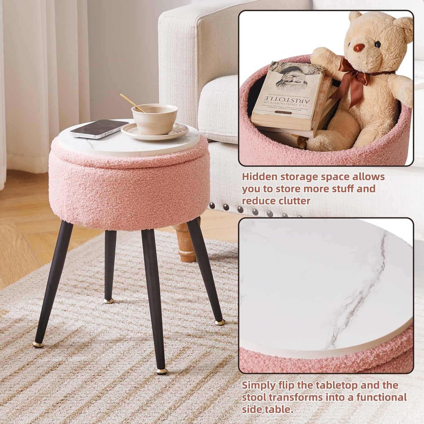 Aibiju Stool Chair for Dressing Table, Round Vanity Stool with Storage, Small Side Table with 4 Metal Legs for Home Living Room Fitting Room Bedroom