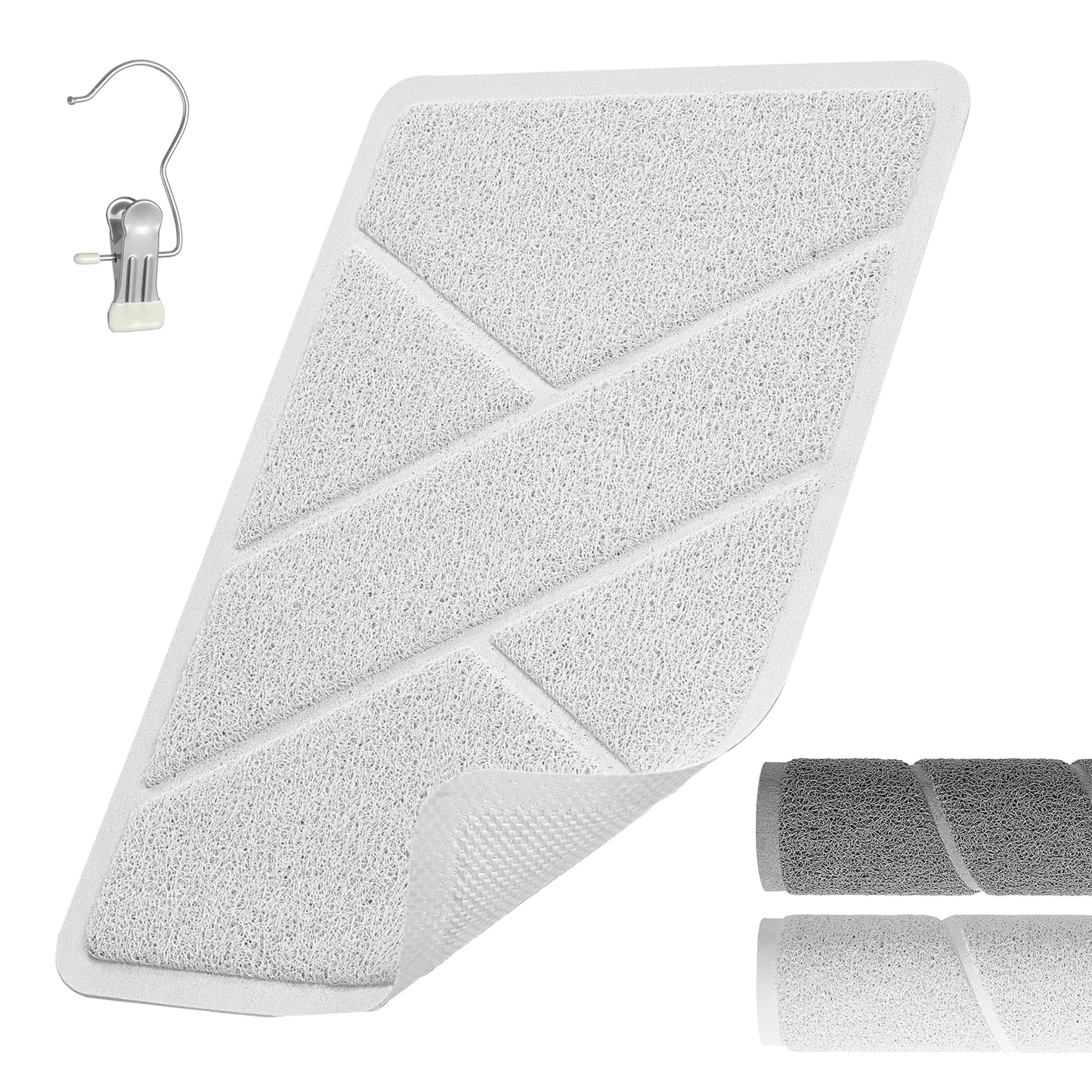 XIYUNTE Soft Shower Mat Non Slip Anti Mould, Loofah Bath Mat with Heat-Pressed Edging 60x40cm, INCL. Hooks for Drying