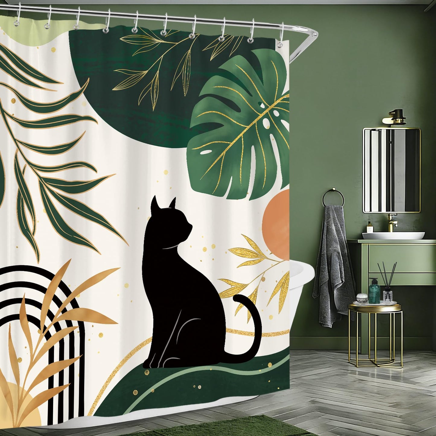 hometrixx Boho Black Cat Palm Leaf Sun Shower Curtain Green 72X72Inch