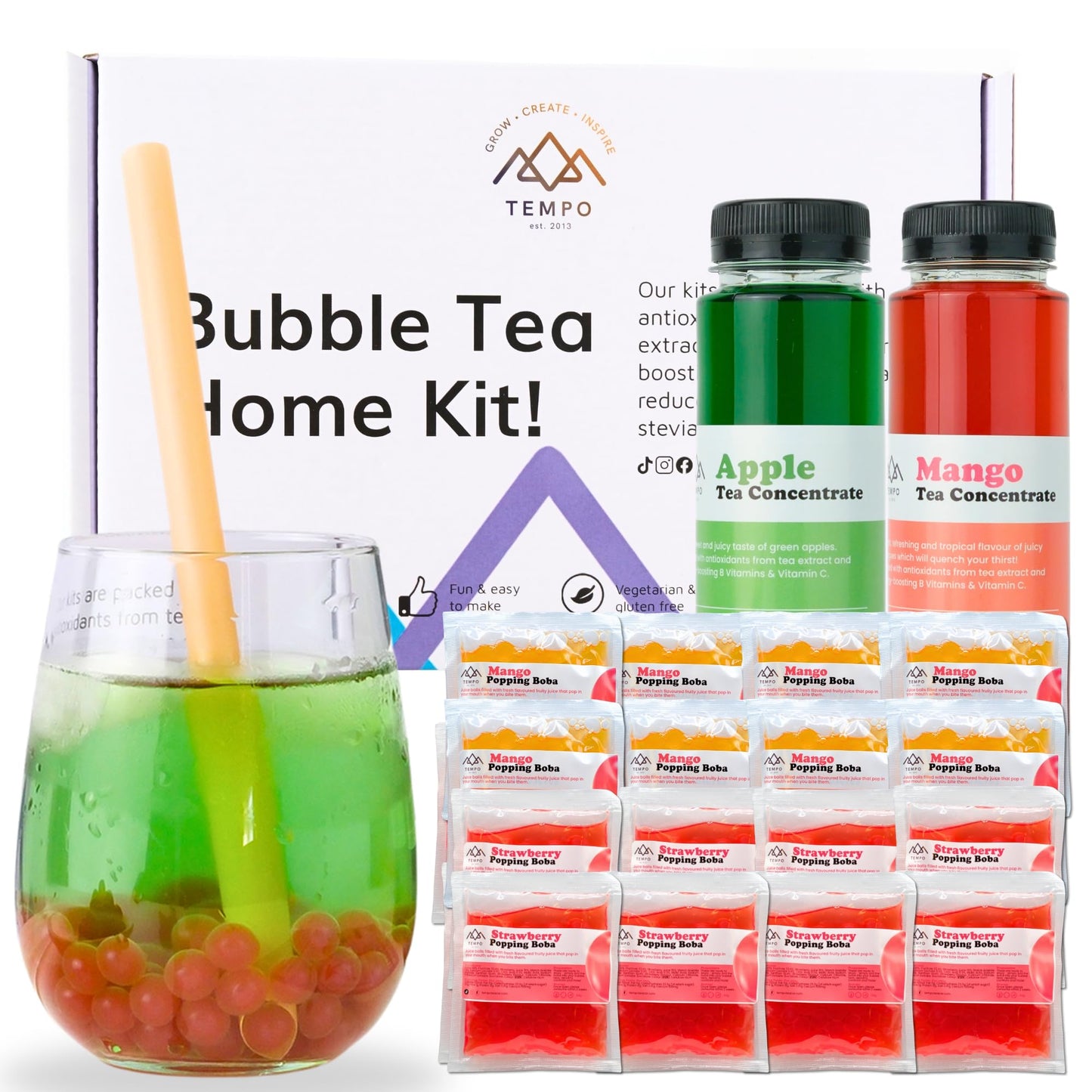 Bubble Tea Kit (Serves 16) - Apple & Mango with Mango and Strawberry Popping Boba, Fruit Tea Concentrate, Low Calorie Low Sugar