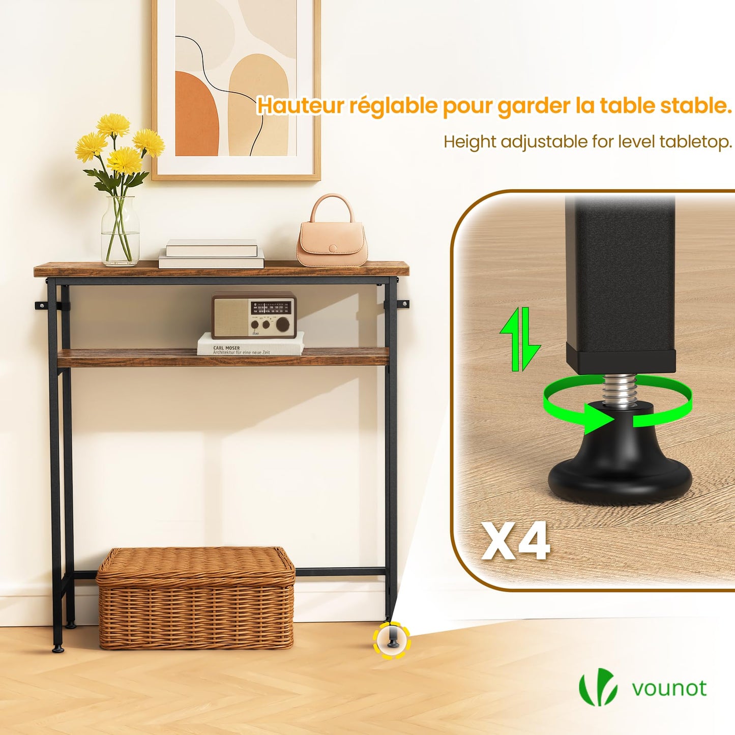 VOUNOT® Narrow Console Table, 2- Tier Slim Metal Frame Entryway Table, Small Sofa Side Table with Storage Shelf for Hallway, Living Room or Bedroom