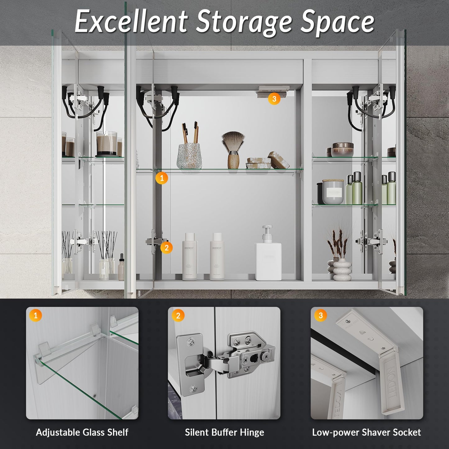 ELEGANT LED Bathroom Mirror Cabinet with Shaver Socket & 3 Colors, 80x60cm