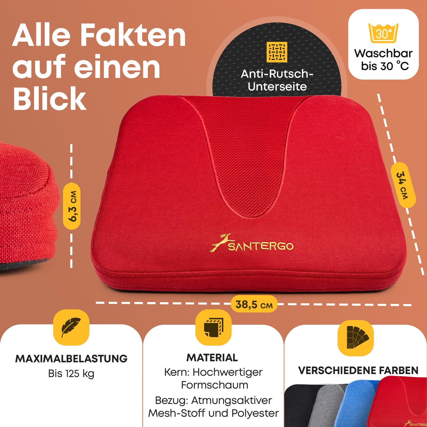 SANTERGO Ergonomic Seat Cushion Made of Moulded Foam [Patented & Dimensionally Stable] Chair Cushion Wedge Cushion Chair Office Chair Wheelchair Car