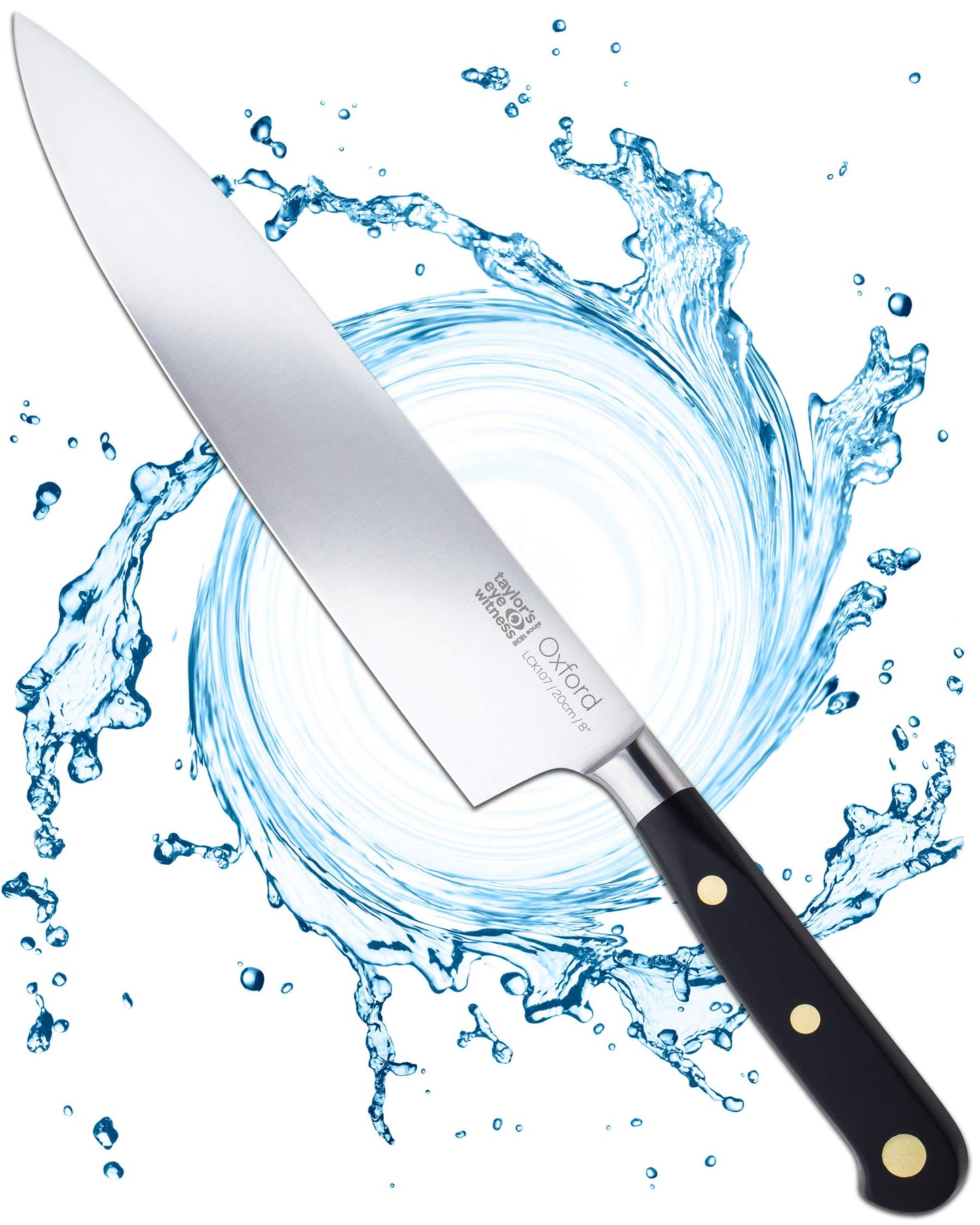 Taylors Eye Witness Oxford Professional Long Chef Knife - 20cm/8? Full Tang Blade, Taper Ground Stainless Steel. Traditional Triple Brass Rivet