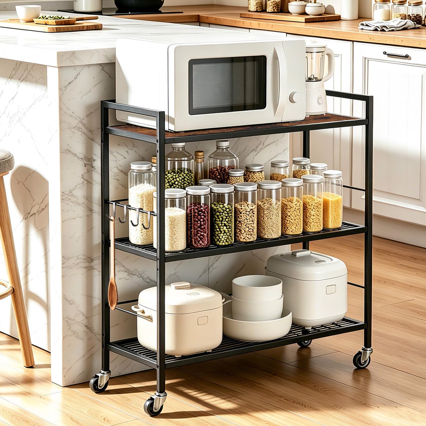3-Tier kitchen trolley,Brown Wood Top,80W×30Dcm,4 Hooks, Adjustable Shelves
