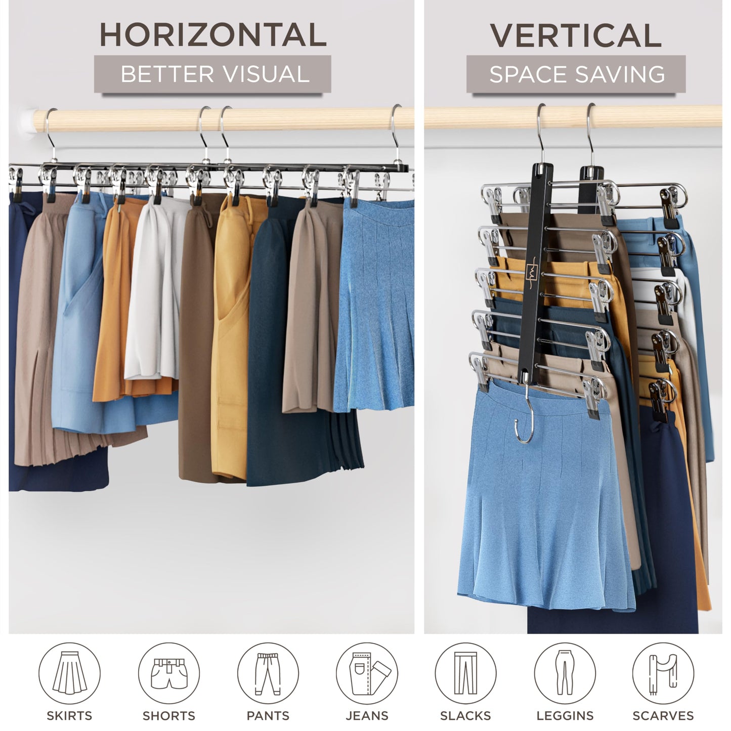 MORALVE Skirt Hangers Space Saving with Clips - 2 Pack - European Beechwood 5-Tier Hanger for Shorts, Skirts, and Trousers